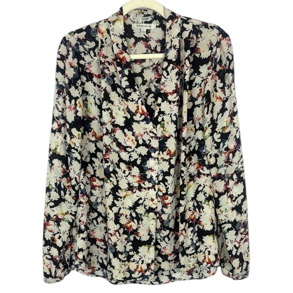 Rose & Olive Black & Cream Floral Buttoned Blouse with Notched Collar Size Large - Picture 1 of 11